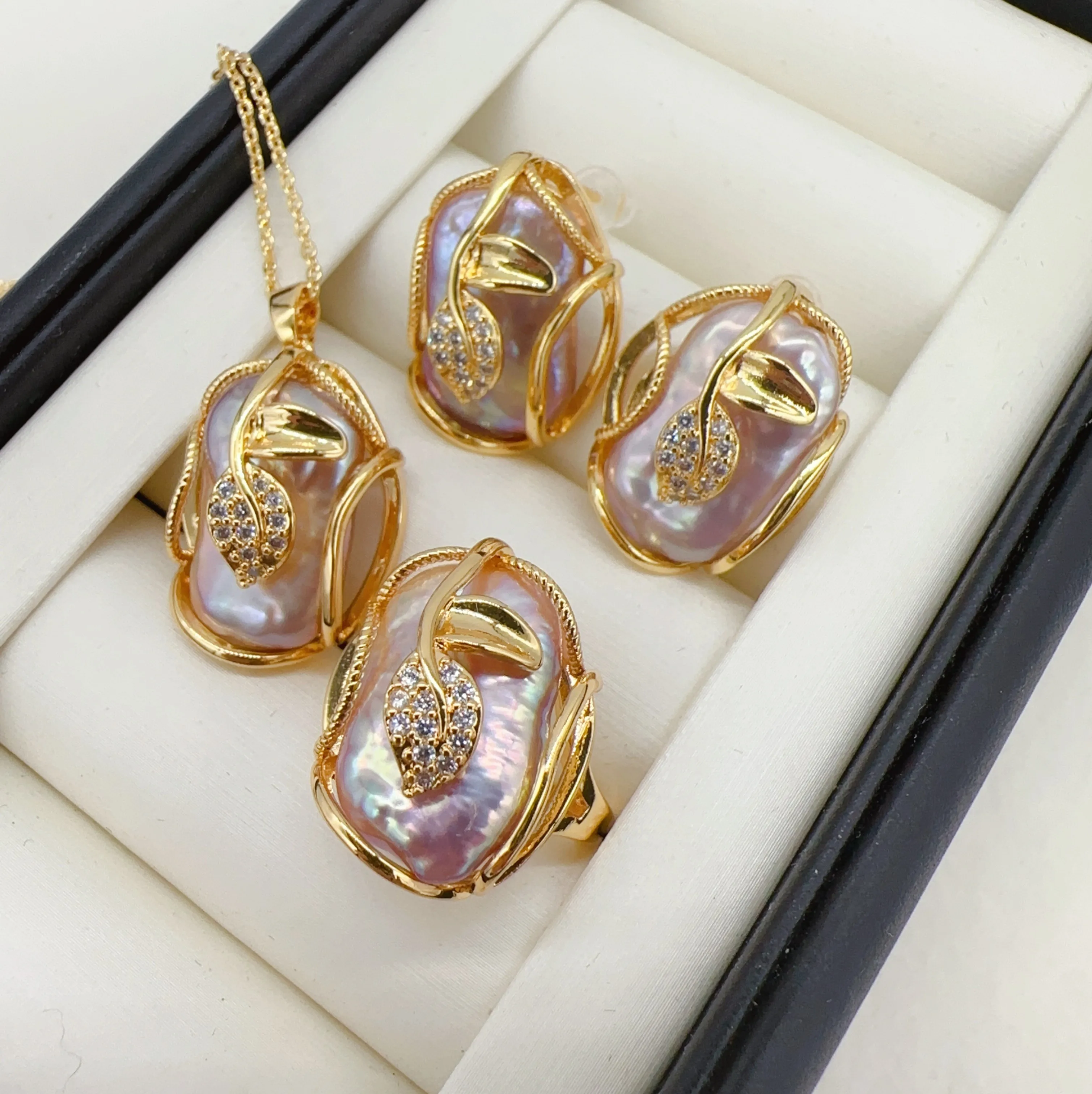 New Arrival Big Baroque Pearl Jewelry Sets 18K Gold Plated Natural Freshwater Pearl Necklace Earrings Rings For Women Gift