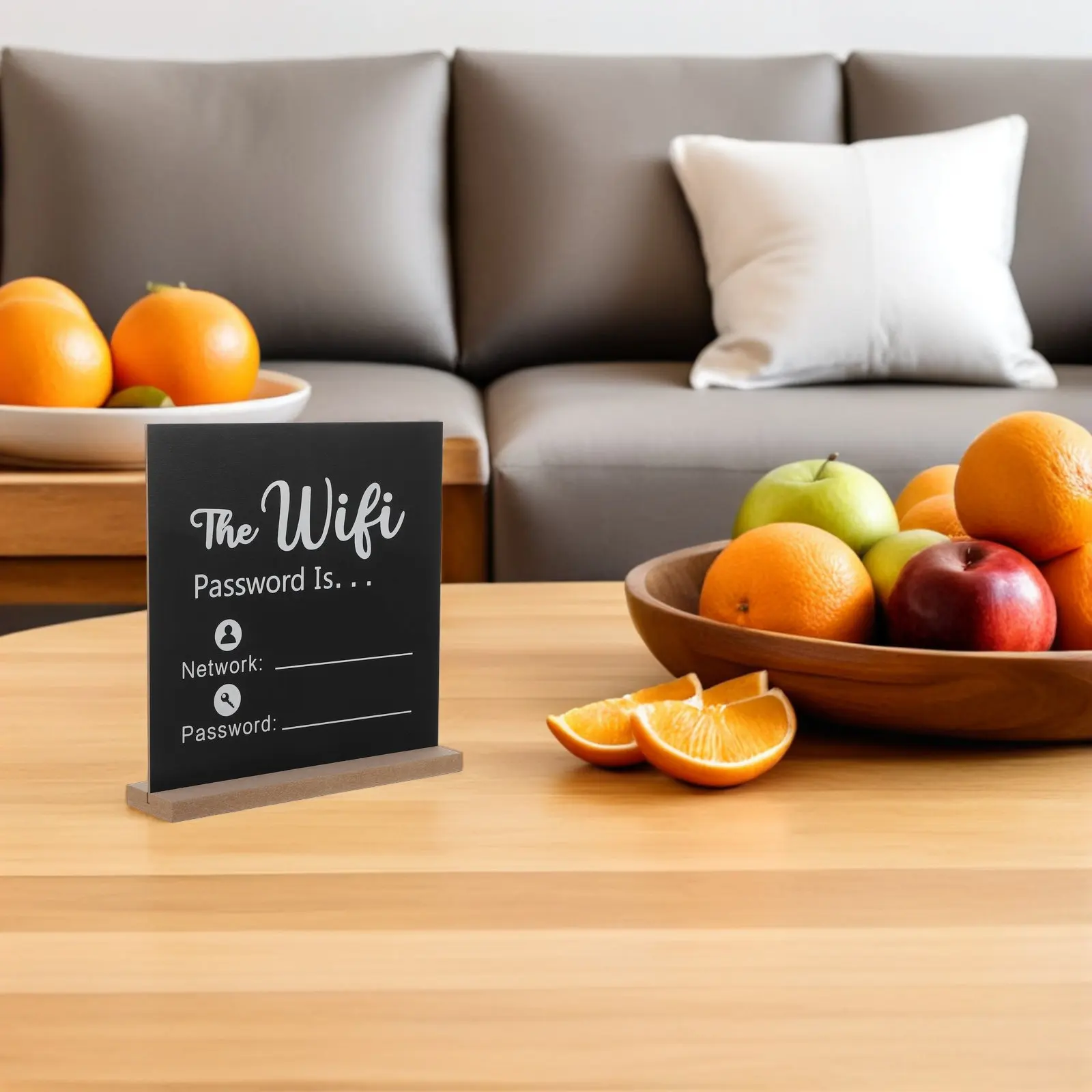 Wooden Desktop WiFi Password Sign Black Background White Text Freestanding Vertical for Hotel Office Cafe