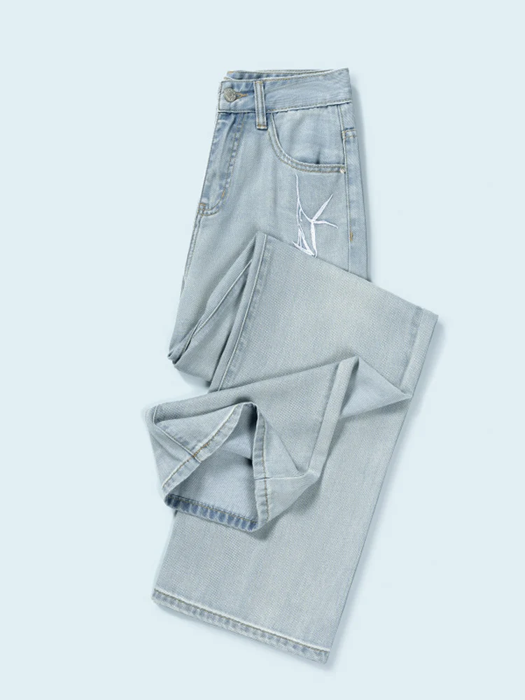 

Летние тонкие новые джинсовые брюки из лиоцелла, женские модные брюки с высокой талией и вышивкой, прямые широкие брюки