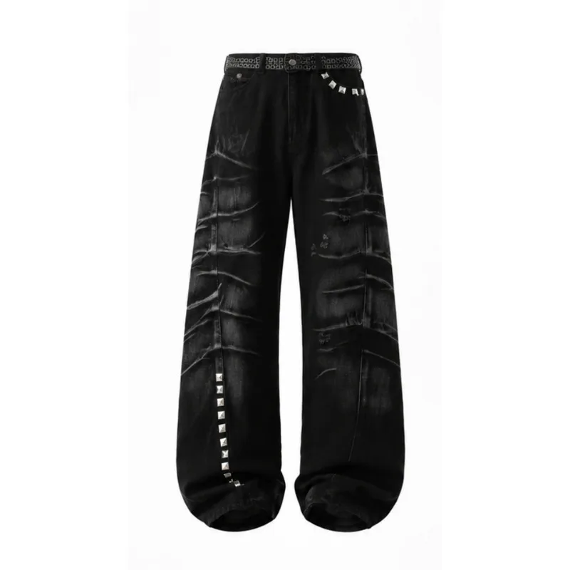 OIQERE Men Black Studded Micro Flare Jeans Spring Autumn Slim Curved Wide Leg Baggy Casual Denim Long Trousers