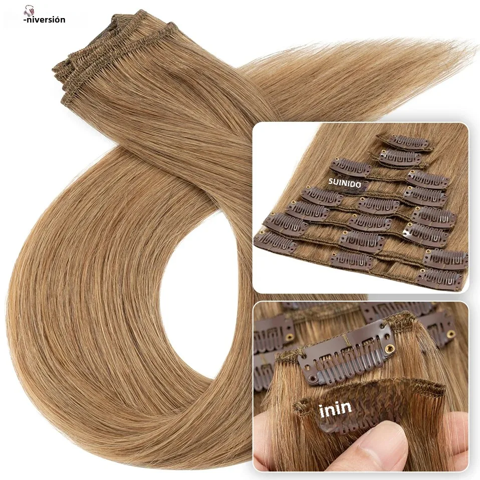 Extensiones de cabello Natural S-noilite, 50-80g, cabello humano liso fino, 8 "-24", 8 unidades/juego, Clip de cabeza completa en Clip de cabello Natural