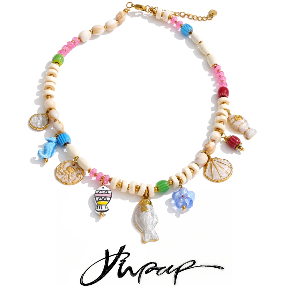 Yhpup Ocean Style Resin Wood Beads Chain Fish Shell Seahorse Drop Charm Summer Necklace Stylish Waterproof Handmade Jewelry
