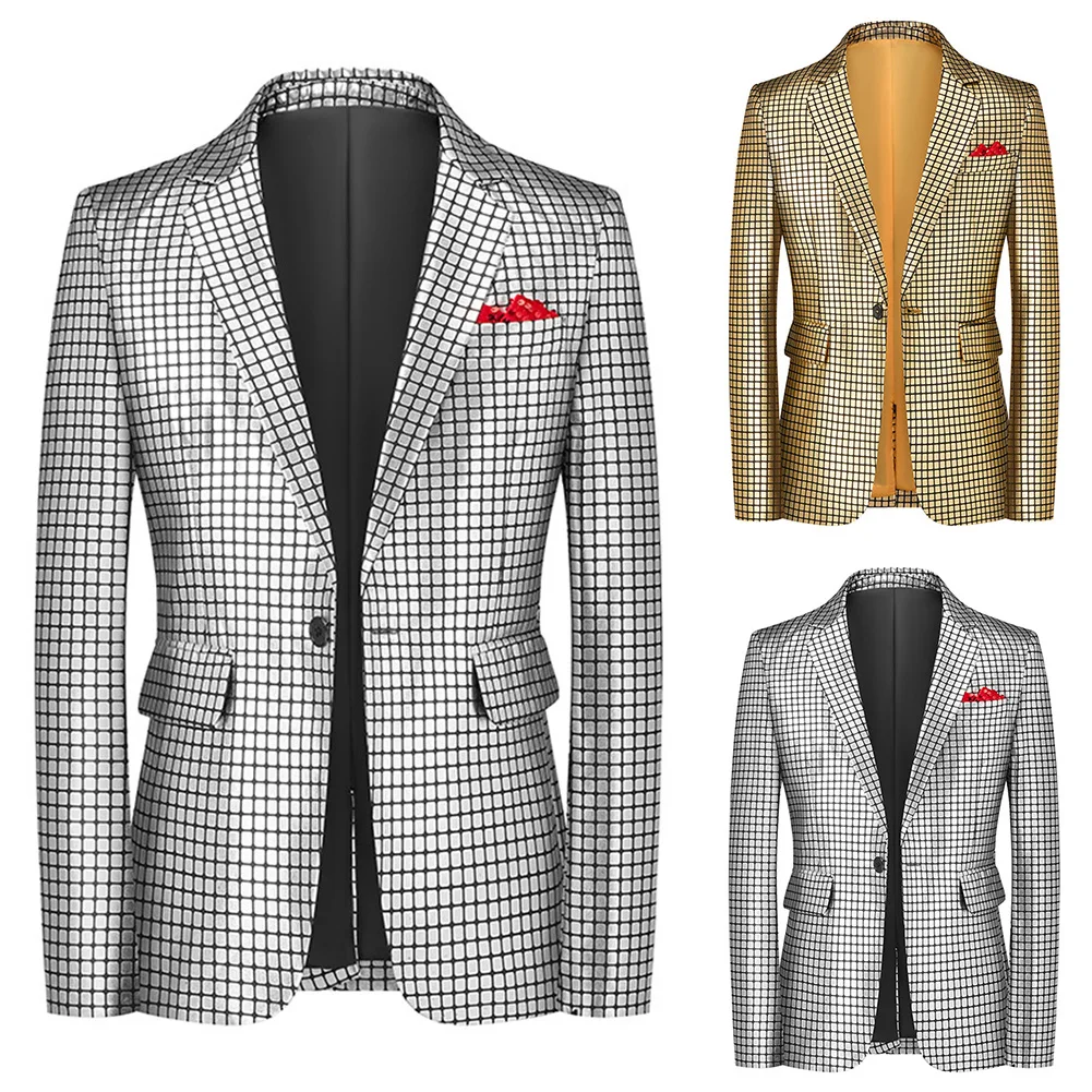 Men Sequine Plaid Blazer Nightclub Trendy Studio Party Single Button Long Sleeve Blazer Suits Fashion Men's Clothing M-2XL