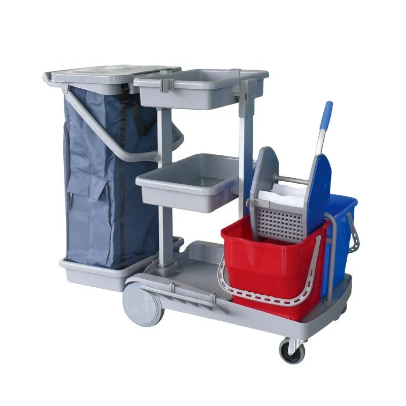 

Hot Selling Janitorial Cleaning Plastic Trolley Cart With Down Press Bucket Wringer Hotel Cleaning Cart