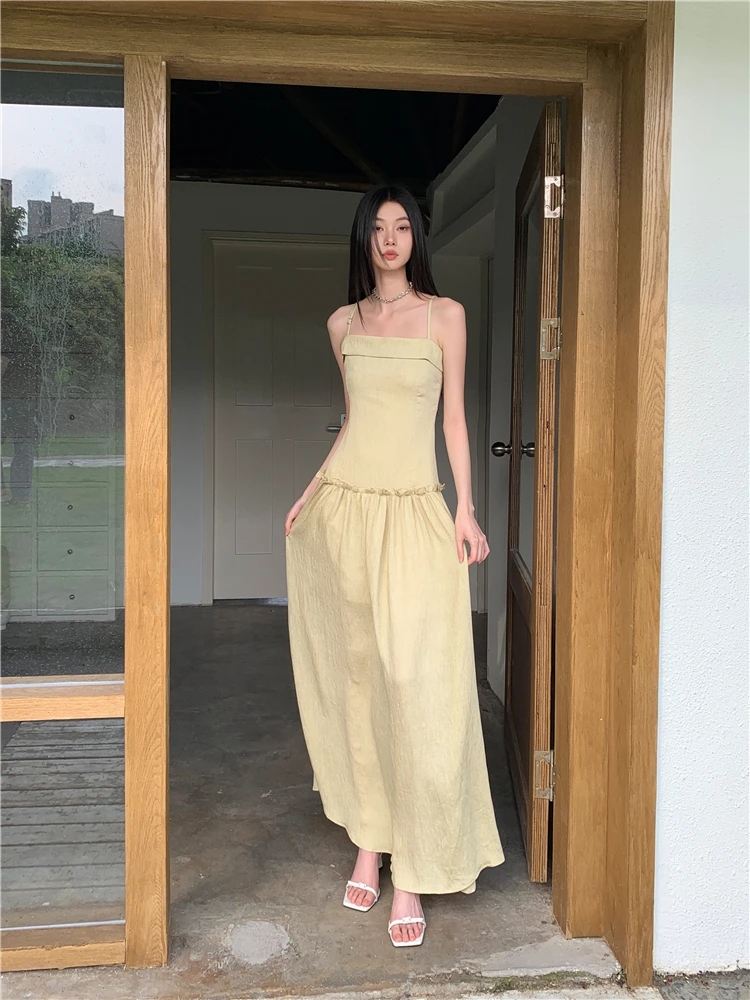 CHEERART Yellow Backless Long Dresses 2024 Women Summer Sundress Tunics A Line Casual Vacation Midi Slip Dress