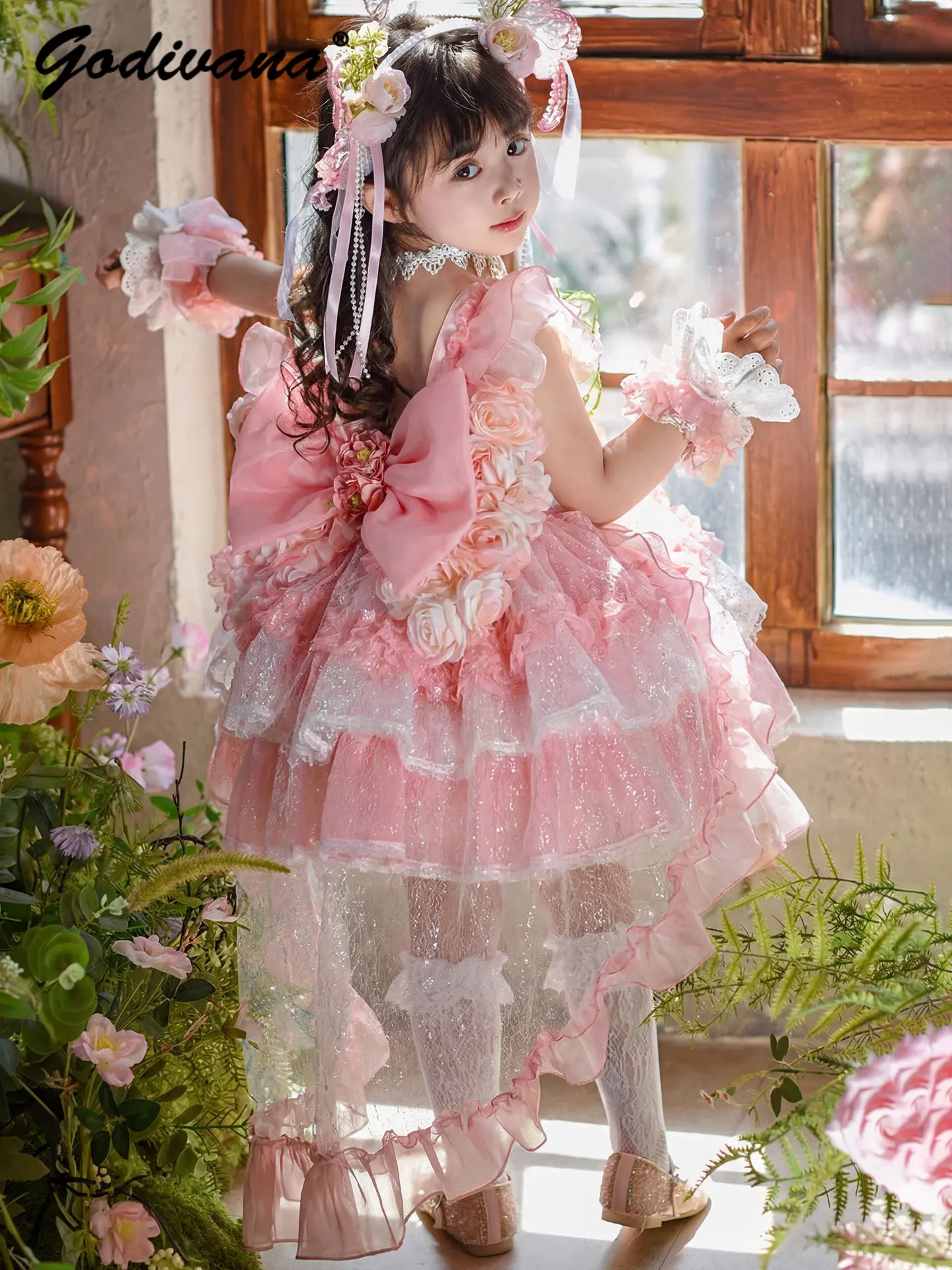 Sweet Baby Girls Heavy Tulle Lolita Princess Dress Summer 2026 New Fashion Pastorale Kids Pink Mesh Floral Ruffle Trim Ball Gown
