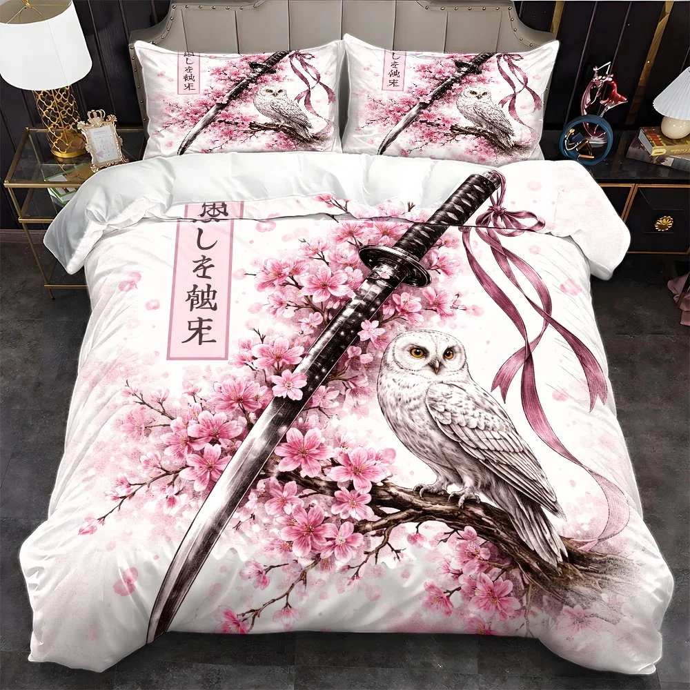 3Pc Japanese-Style Cherry Blossom Samurai Sword Owl Duvet Cover Set, Three-Piece Bedding Set (1*Duvet Cover + 2*Pillowcases), Suitable for All Seasons, Machine Washable, Invisible Zipper Design, Large Double Bed Cover Set, Suitable for Home, Dormitory, Master Bedroom, Guest Room, Ins-Style Japanese Floral and Animal Pattern Bedding, Specially Designed for Comfort and Skin-Friendly Bedding Sets, Bedroom Decoration and Sleep-Enhancing Items, 2D Flat Print