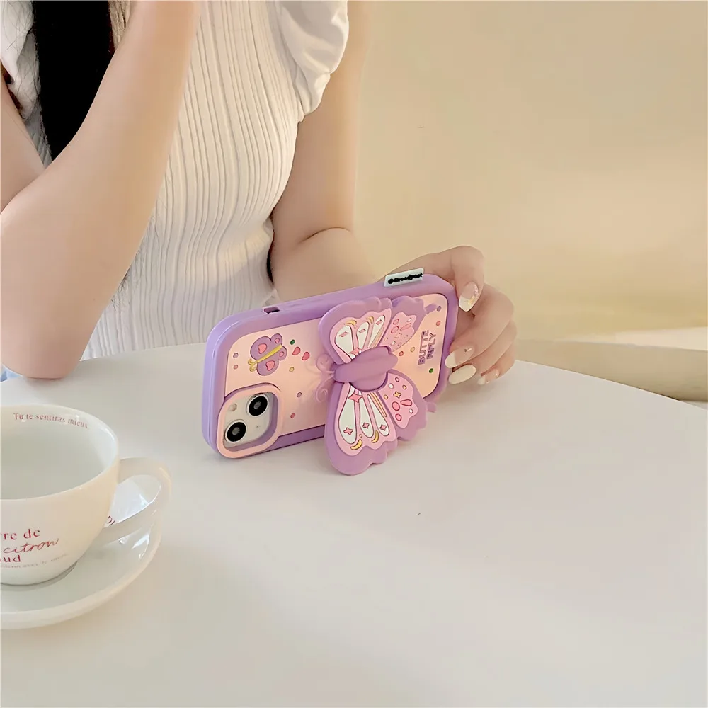 Cute 3D motylkowy futerał na telefon dla iPhone 11 12ProMax stojak Fundas dla iPhone 13 14 15 Pro Max silikonowa osłona cofania