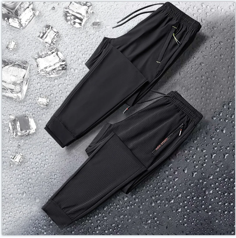 Summer Breathable Mesh Pants Men Fashion Casual Joggers Men\'s Sweatpants Solid Color Male Stretch Trousers Jogging Pants Black