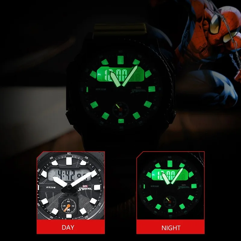 Marvel For Mens Watches Avengers Spider Man Dual Display Quartz Wristwatch Chronograph Stop Watch Male Military Alarm Clock Date