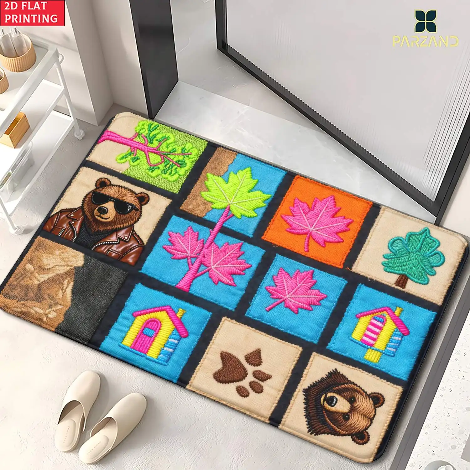 Adorable Kids Bear Paw Print Leaf House Motif Polyester Doormat Cartoon Floor Mat for Nursery Room Home Decor Entryway Rug
