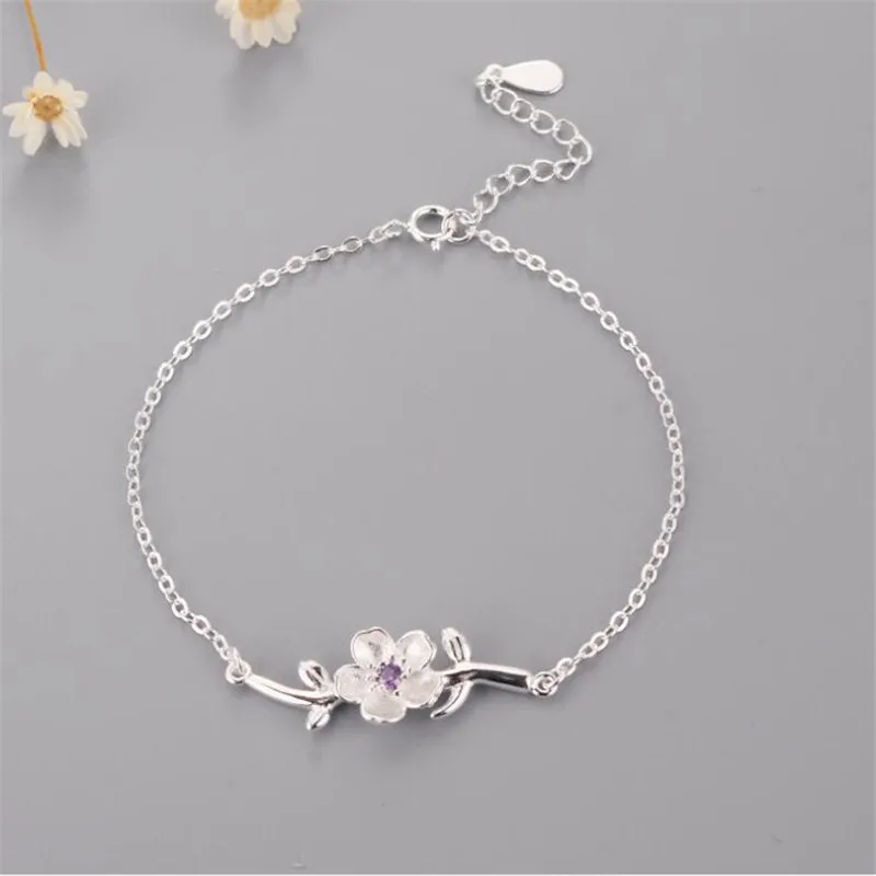 925 Sterling Silver Fashion Jewelry Wholesale Exquisite Purple Crystal Flower Temperament Women Beautiful Bracelets SL072