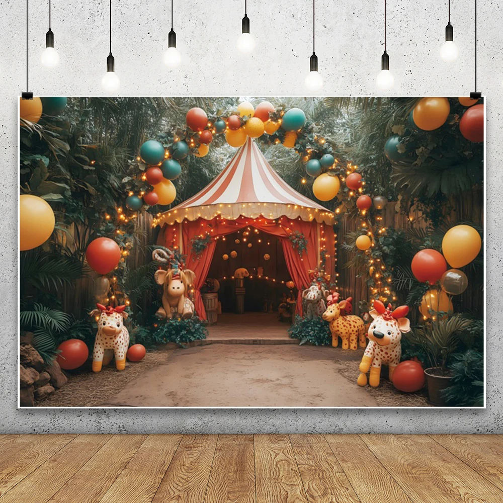 Telón de fondo de fotografía con tema de circo para niño y niña, globo de fiesta de cumpleaños, carpa de bosque de animales, Fondo de pastel para niño, utilería de estudio fotográfico