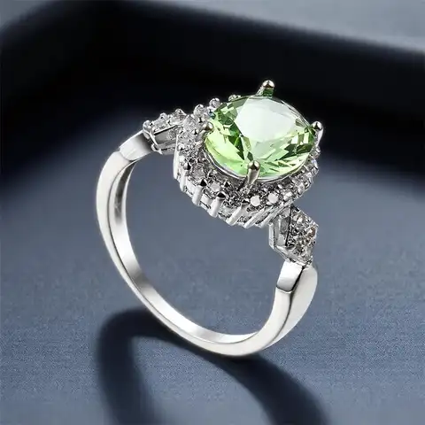 Anillos de circón blanco y cristal verde manzana con piedra ovalada para mujer, alianzas de boda de Color plateado Vintage, joyería, regalo del Día de San Valentín