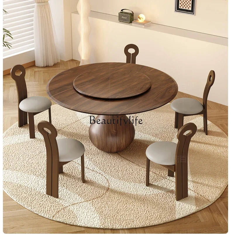 

Solid wood dining table round retro style Nordic simple with turntable household dining table