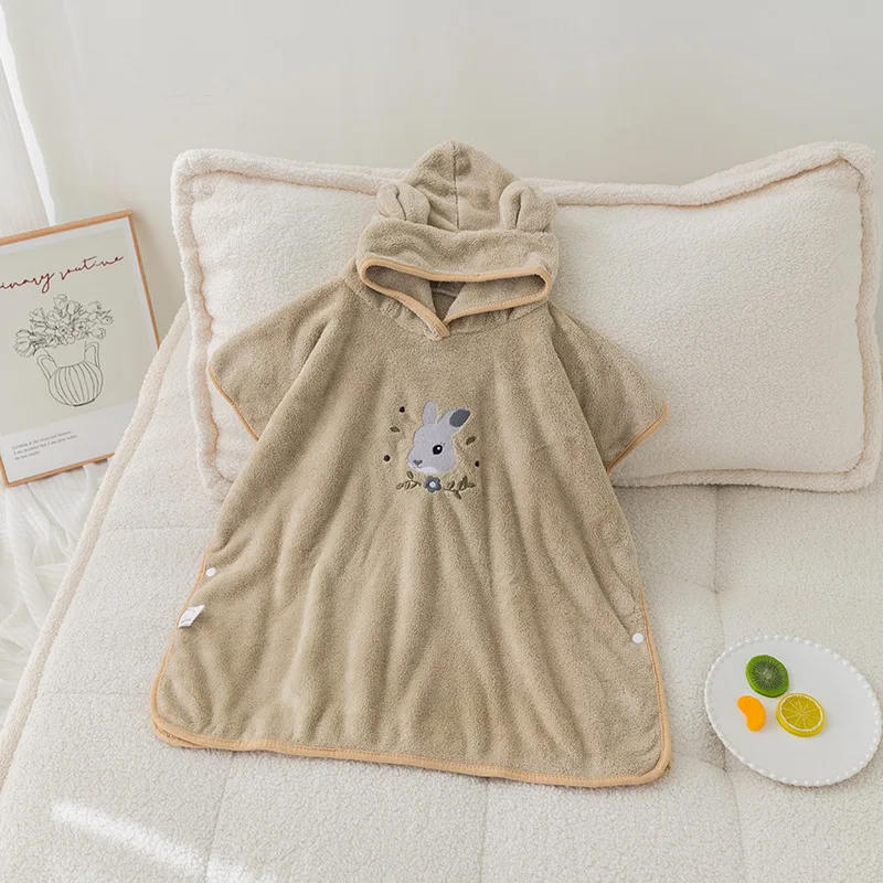 

Kids Cotton Absorbent Bathrobe | Korean Bear Embroidered | Coral Fleece Hooded Cape Towel