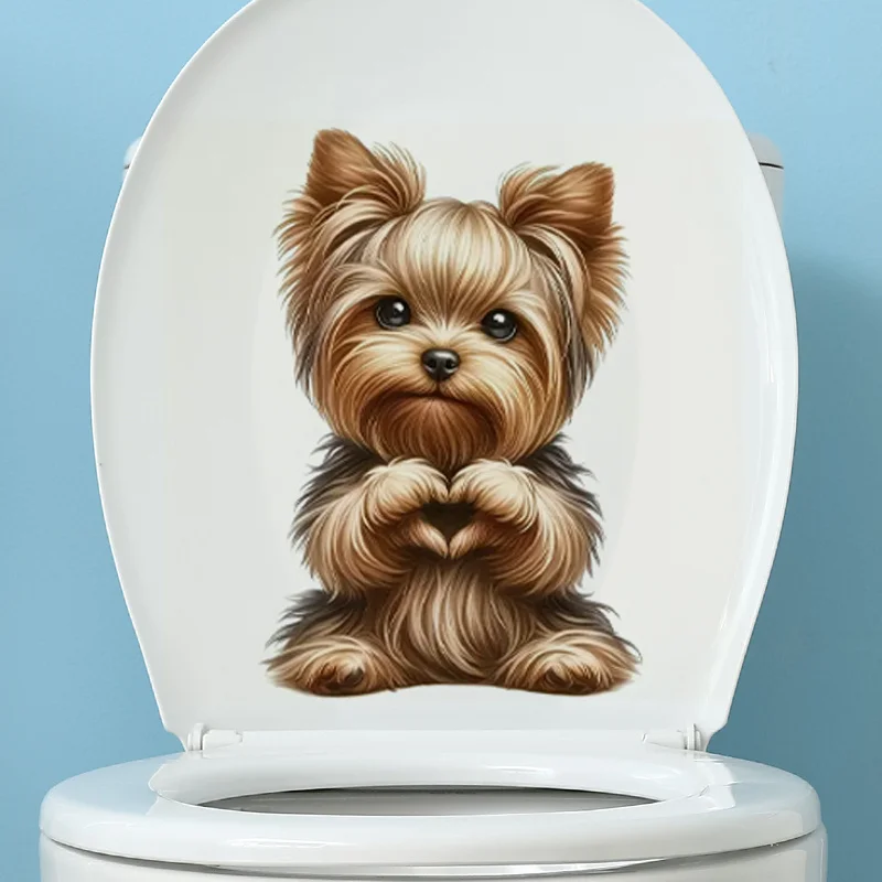 1 piece of cute Yorkshire Terrier toilet sticker - self-adhesive bathroom decoration with heart-shaped gesture design, fun and c