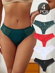 4Pcs Sexy Thongs Ice Silk Bikini Lace Panties Women's Brazilian style G-string Ladies Breathable Seamless Low Waist Underwear