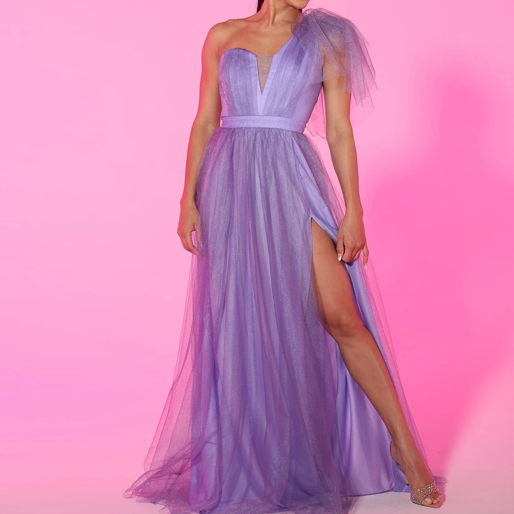 

Purple Strapless One Shoulder A-Line Tulle Backless Floor Length Zipper Back Sweep Train Elegant Luxury Evening Dress 2024