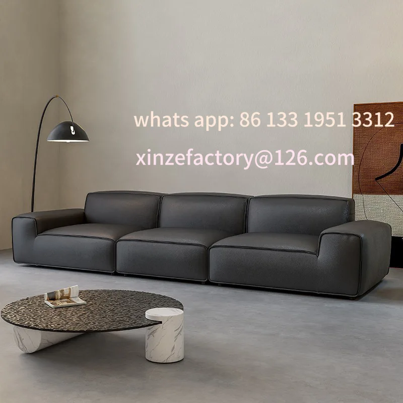 

Customizable minimalist large black cow sofa living room simple black straight row leather sofa furniture