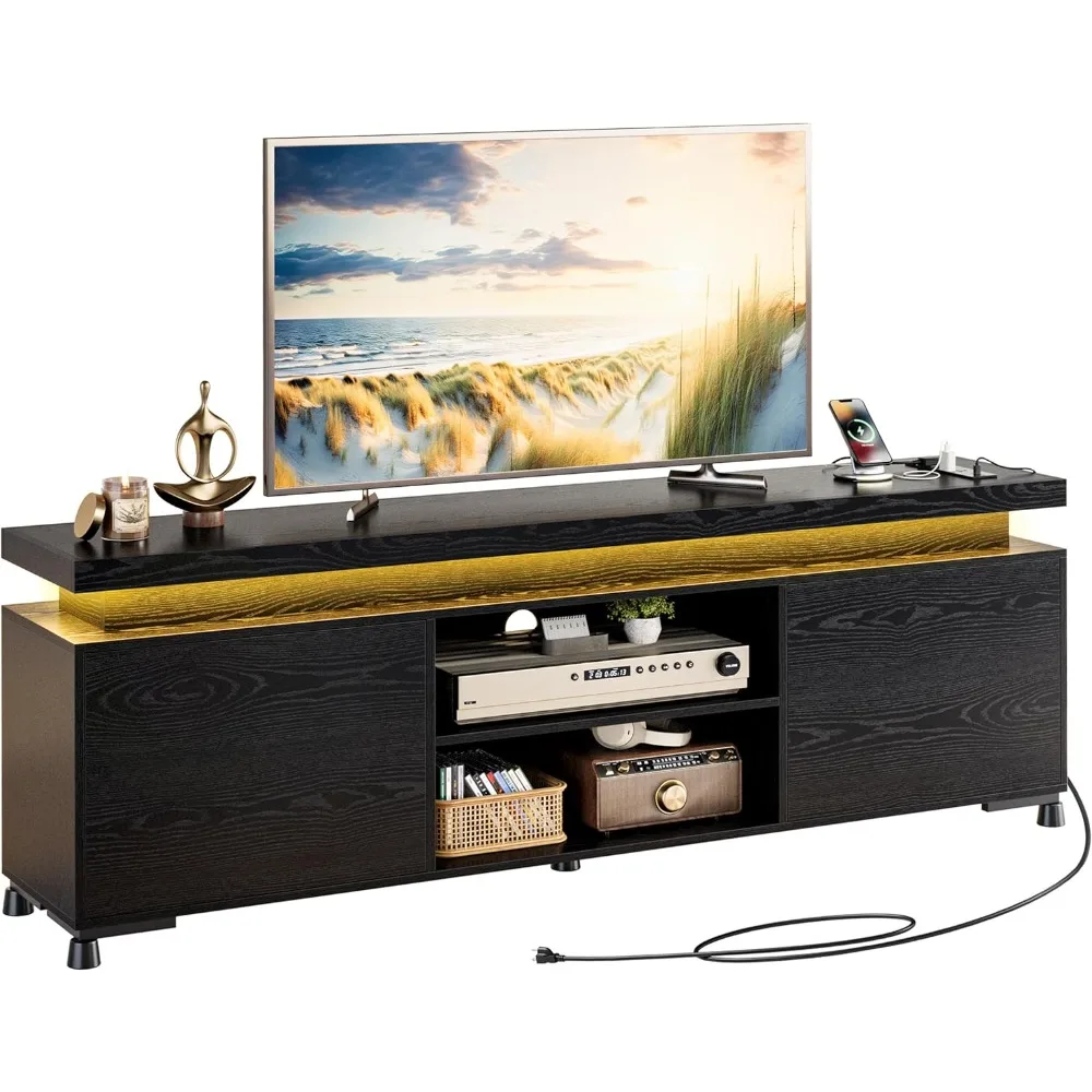 TV Stands for TVs 75+ Inch with LED Lights and Power Outlet Modern TV Console Entertainment Center with Storage Cabinet for Liv