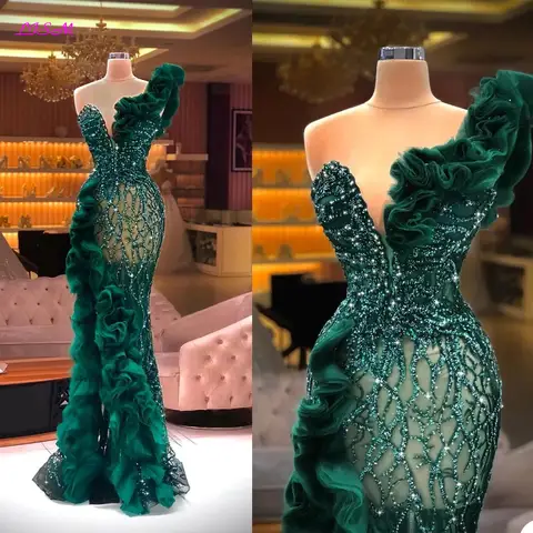LISM Luxury Beaded Appliques Mermaid Evening Dresses Elegant Side Split Ruffles Tulle Prom Dress Glitter Sequins Formal Gowns