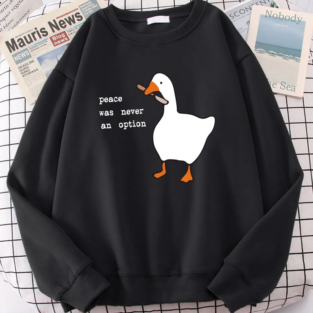 Peace Was Never An Option Goose Print Man Long Sleeves Kawaii Cartoons Pullovers Fashion Casual Simple Clothing Male Sweatshirts