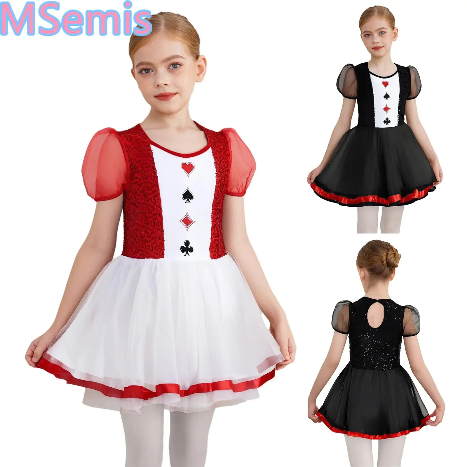 

Girls Short Sleeve Sequin Mesh Ballet Tutu Dress Gymnastics Leotard Puffy Dress Ballerina Performance Halloween Princess Costume