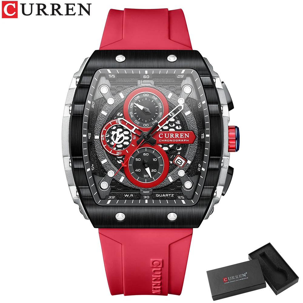 CURREN Sports Einzigartige rechteckige Uhren mit großem Zifferblatt, lässige Quarz-Silikonbänder, Armbanduhren mit automatischem Datum
