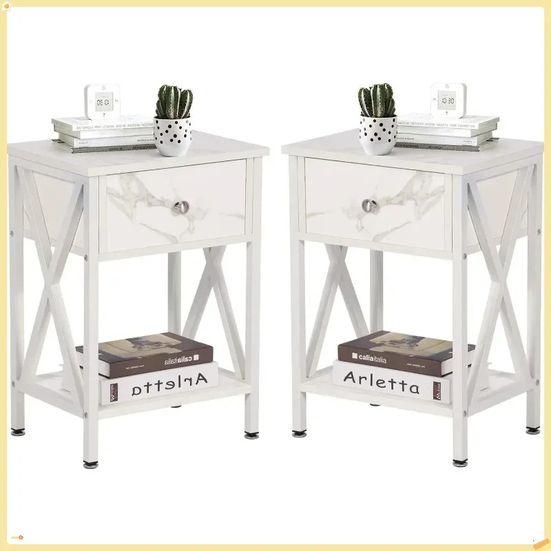 Modern Nightstand Set of 2 with Storage Shelf & Drawer, White End Table for Bedroom Living Room