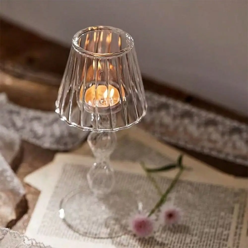 Glass High Footed Striped Candlestick Creative Art Lamp Shaped Candle Holder Transparent Delicate Craft Candelabra Gift