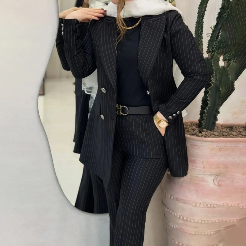 

Elegant Women Suits Fashion Double Breasted Peak Lapel Pinstripe Regular Length Outfits Customzied 2 Piece Jacket Pants Costume