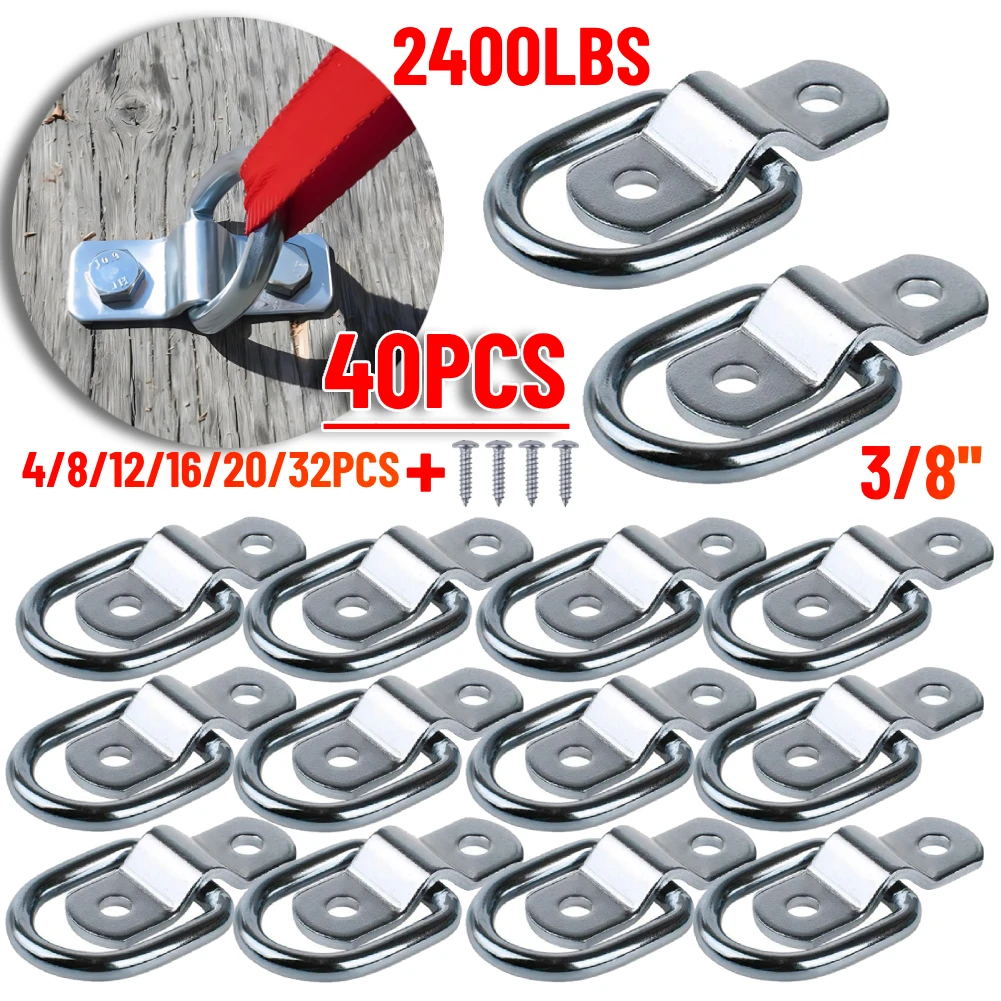 40Pcs 3/8 Trailer Anchor Rings 2400LBS Tie Down Ring Steel D-Ring Tie Down Anchor for Truck RV ATV Boat Floor Wall Surface Mount