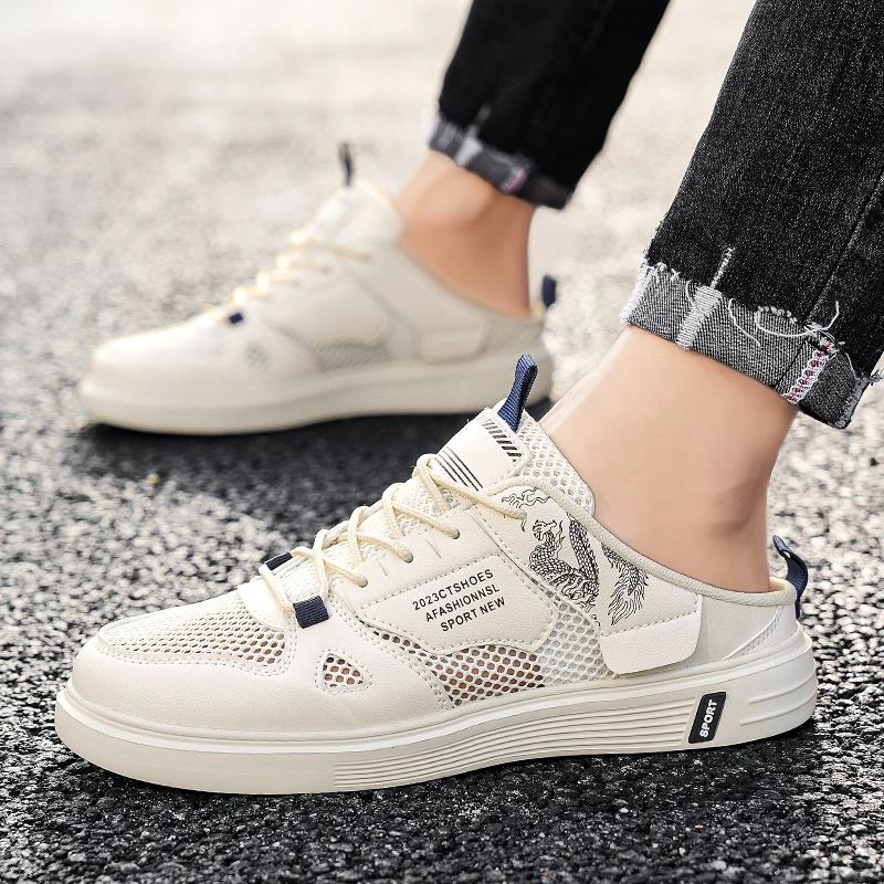 Mules Men's Mesh Half Slippers Hollow Out Flat Mule Sneakers Summer Open-back Slip-on Casual Backless Board Shoes Big Size 39-47