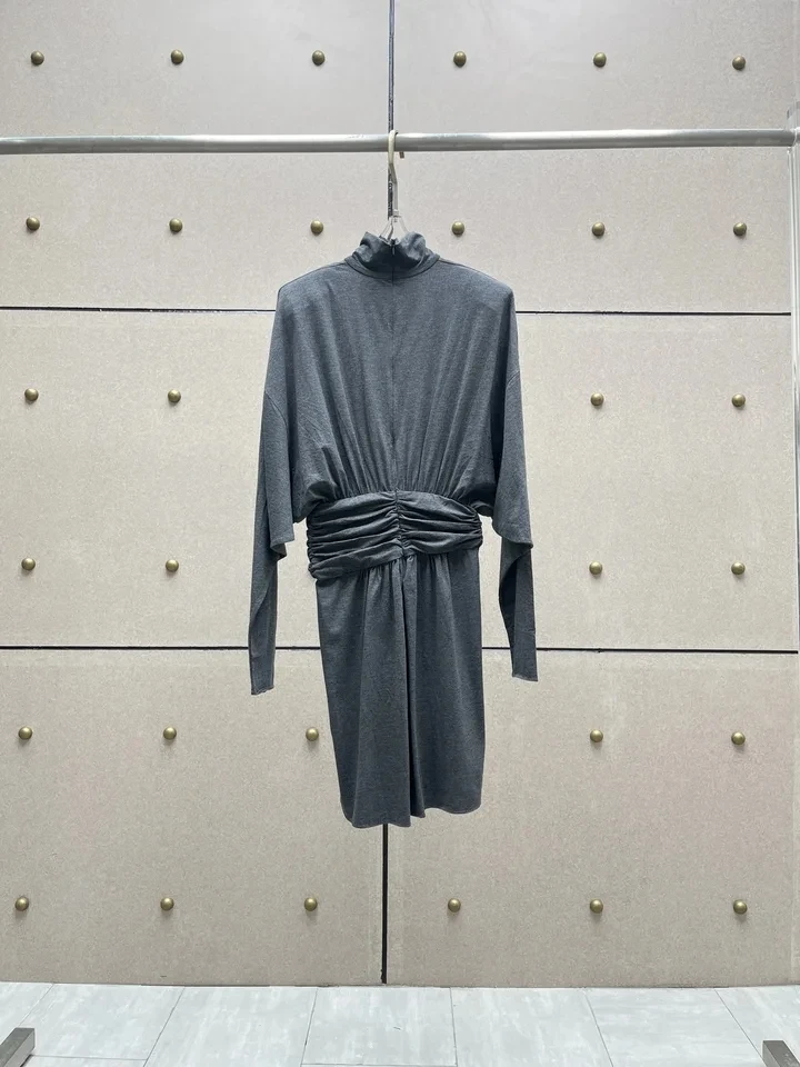 2024 new women's fashion long-sleeved cotton turtleneck pleated dress