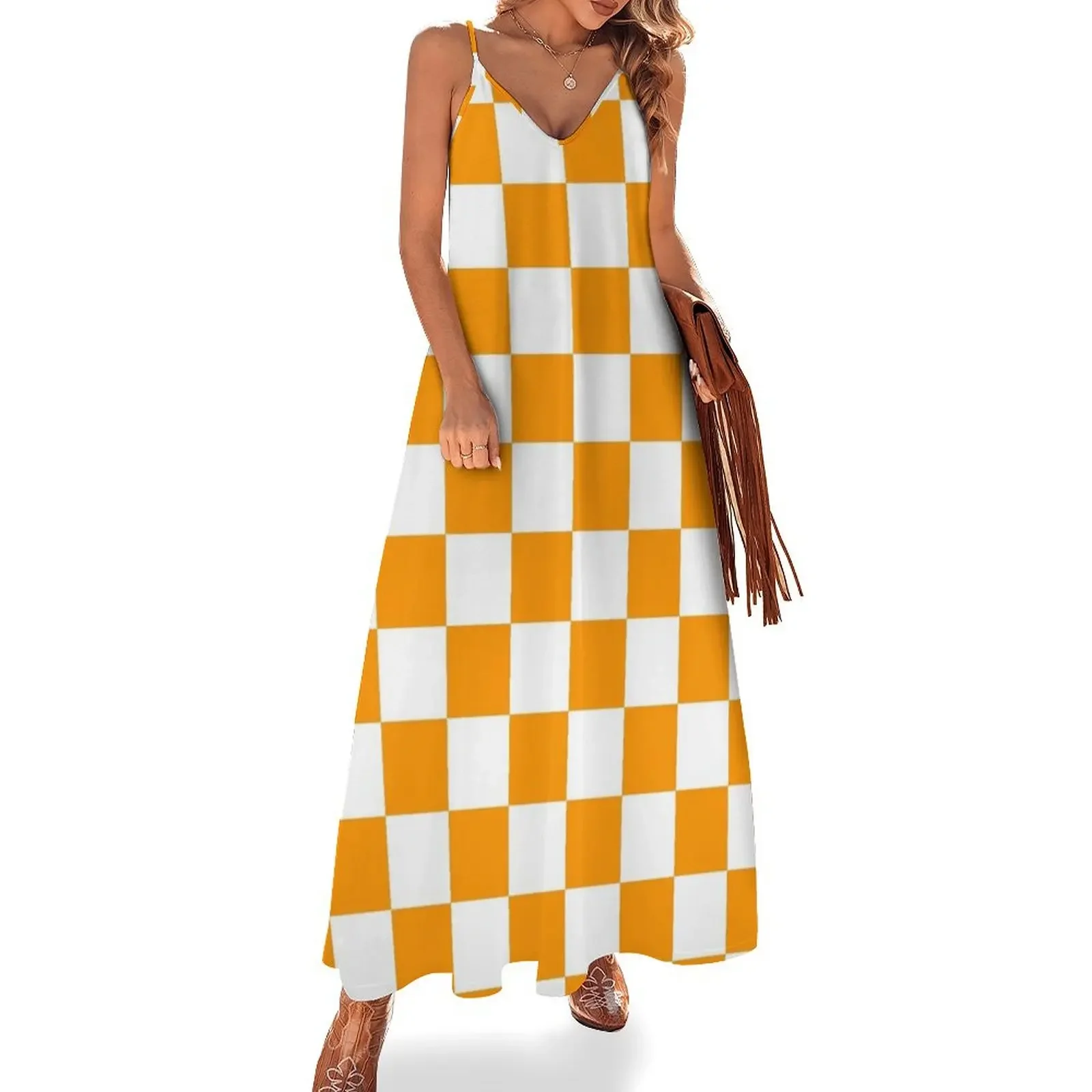 

Orange and White Checkered Pattern Sleeveless Dress dresses for official occasions chic and elegant evening dress Dress