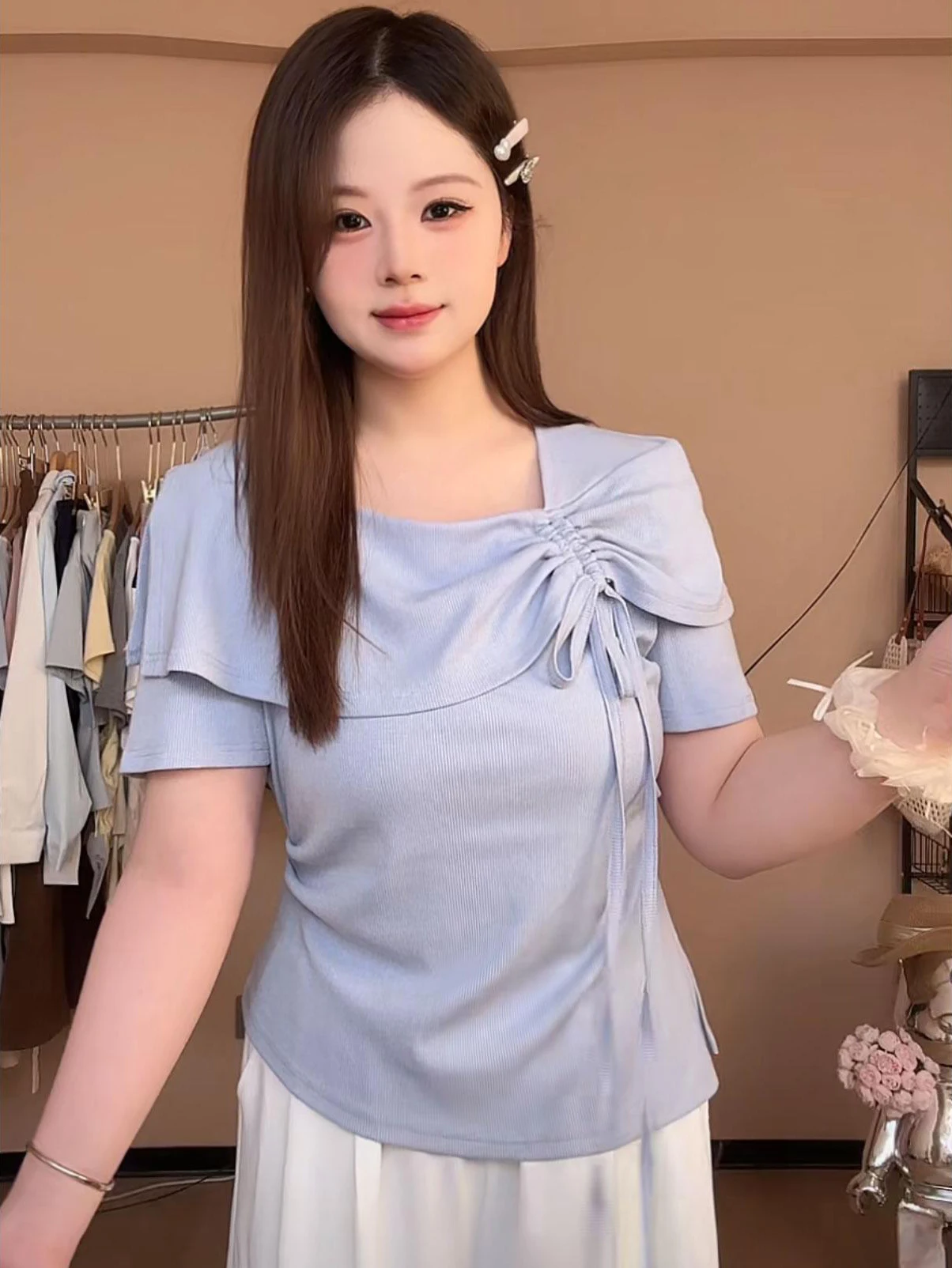 Dopamine Short Sleeve T-Shirt Summer Large Size Women's Fashion Conceal Meat Slim Unique Super Beautiful Top Korean Style Com...