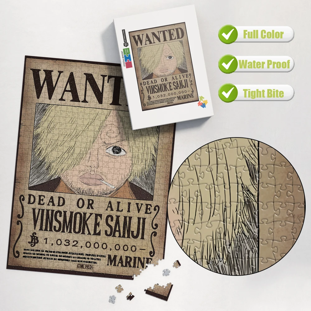 One Piece Vinsmoke Sanji Wanted Poster Jigsaw Puzzle 200/300/500/1000/1500 Pcs Anime Bounty Order Puzzle Game Stress Relief Gift