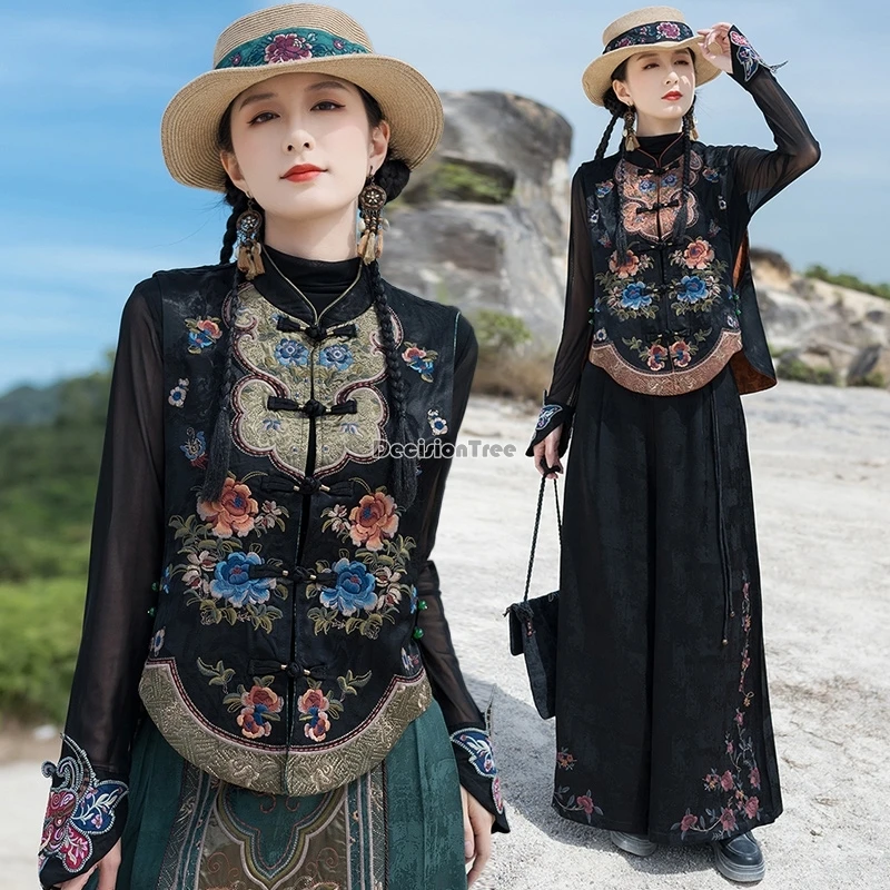 

Новинка 2025, женский китайский этнический стиль, воротник-стойка, без рукавов, Cheongsam, пуговицы, с вышивкой на талии, свободный жилет, повседневный жилет t1