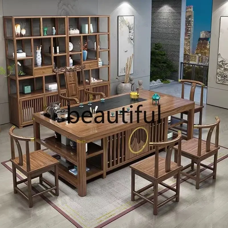 E153 Balcony tea table and chair combination solid wood new Chinese coffee table set integrated office tea table