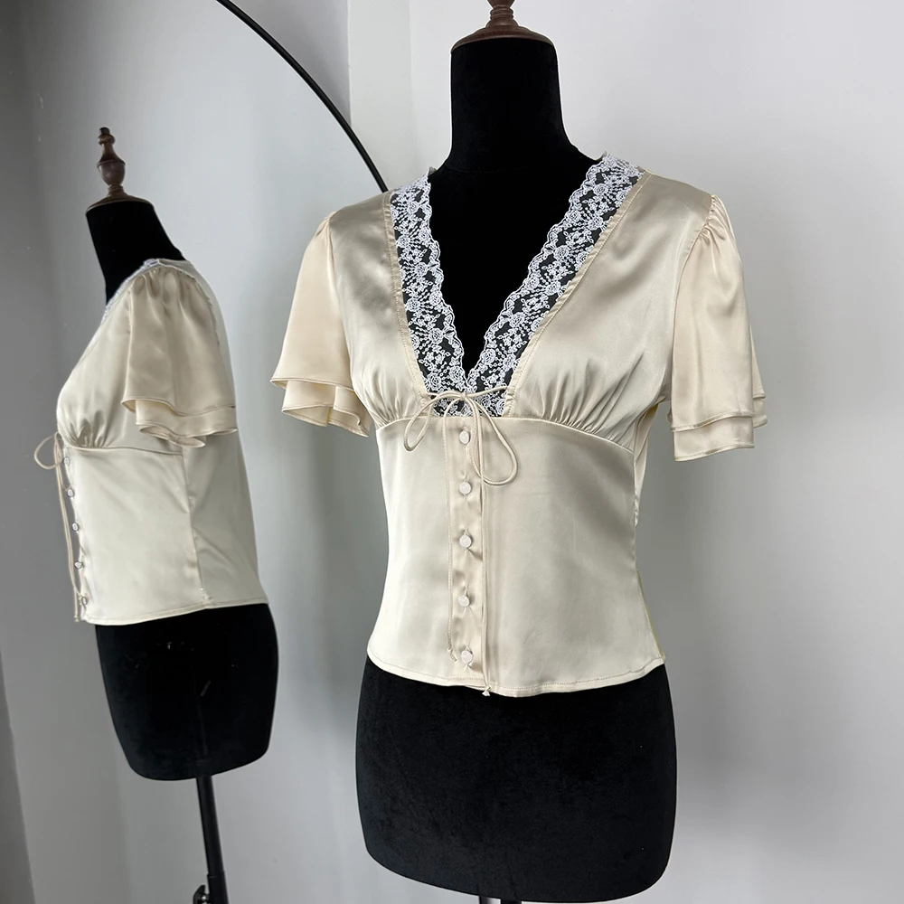 Tuularose أنيقة الدانتيل تي شيرت الإناث مثير الخامس الرقبة الدانتيل المرقعة الدانتيل متابعة البنطال القصير الصيف موضة فاخرة حفلة نظرة المرأة