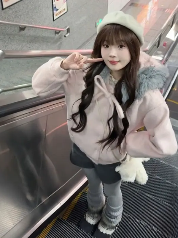 

Soft Sle Large Collar Hooded Woolen Coat Loose Fit Autumn Trendy Outerwear Gentle Wind Small Size Beautiful Faionable