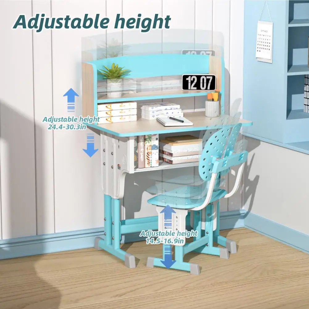 Children Study Table Kids Desk Chair Set, Liftable School Leaning Table Chair Set with Drawer Functional Sturdy Desk Chair Set