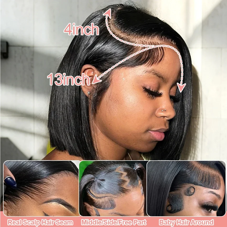 البرازيلي بوب قصيرة العظام مستقيم الدانتيل الجبهة الباروكات قبل قطعها البرازيلي الشعر البشري 13x4 HD الدانتيل الشفاف الباروكات الأمامية للبيع