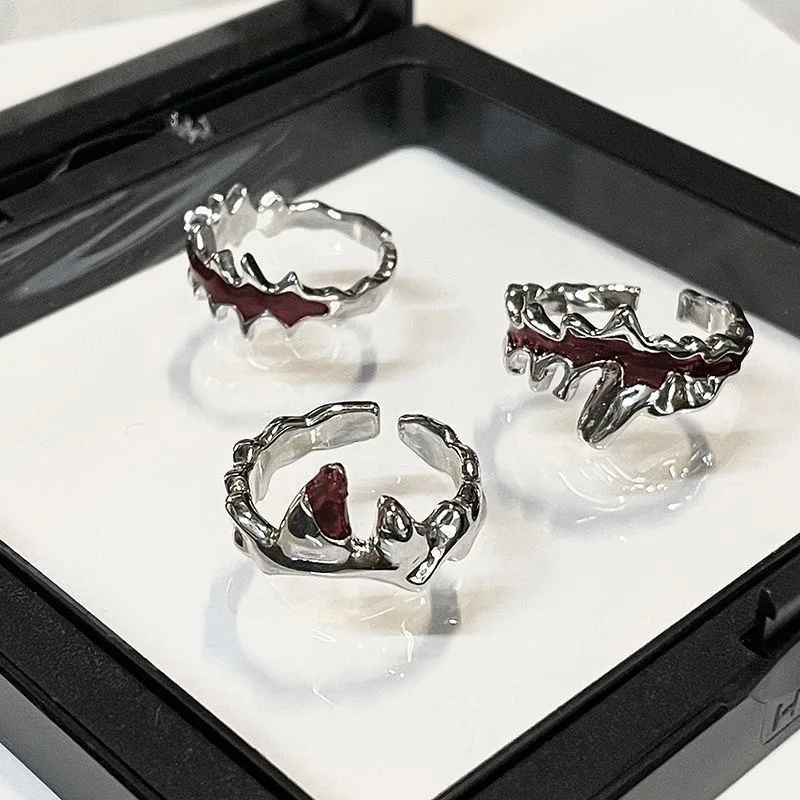 925 Sterling Silver Punk Red Flame Ring Vintage Geometric Irregular Metal Gear Opening Rings for Women Men Jewelry Accessories