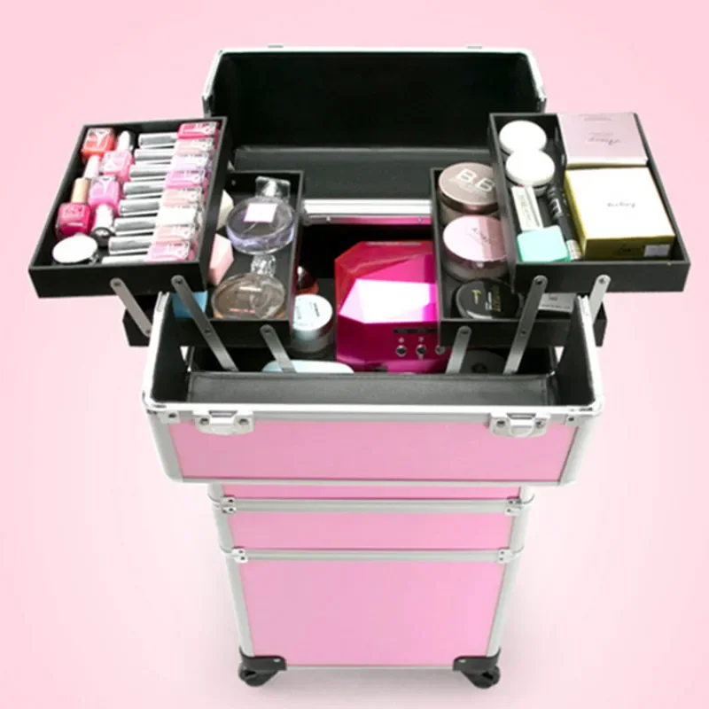 Brand Aluminum Frame Profession Travel Trolley Makeup Box Beauty Case Professional Luggage Suitcase Bag Makeup Universal Wheels