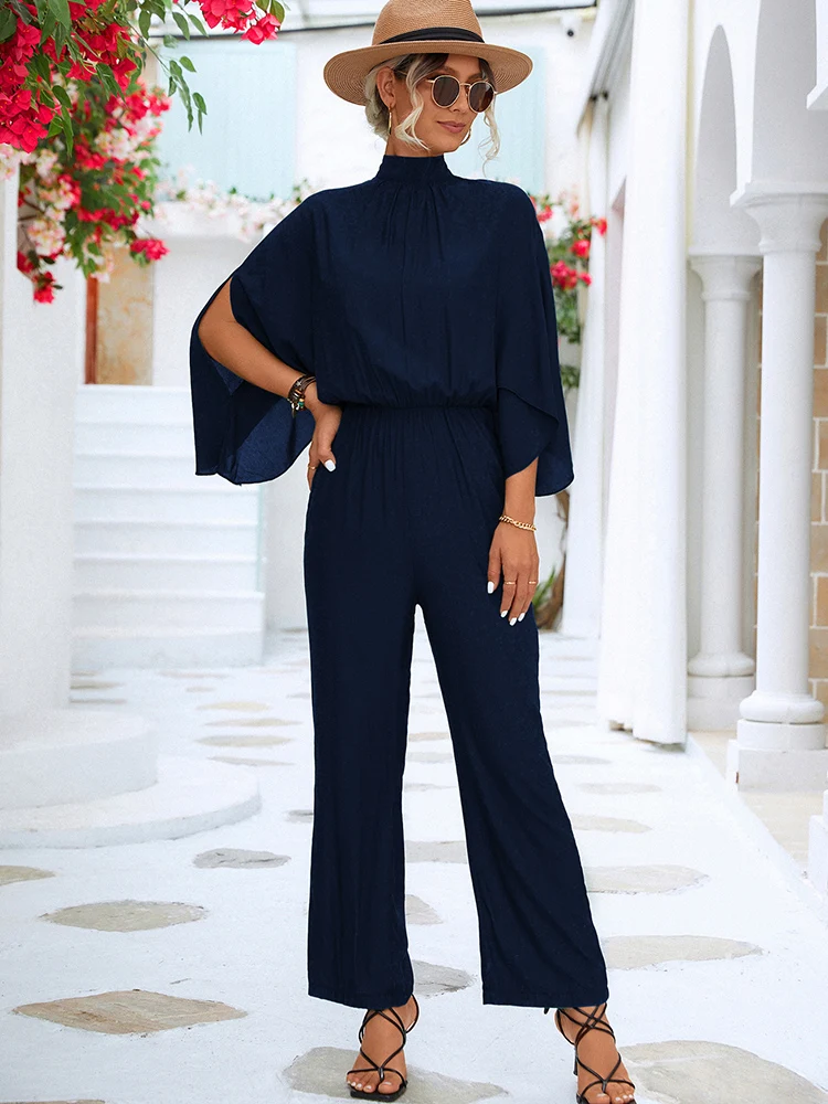 

Vintage Fashion Batwing Sleeve Jumpsuit Women 2023 Summer Outfits Bow Backless Elegant Solid Office Jumpsuits For Women