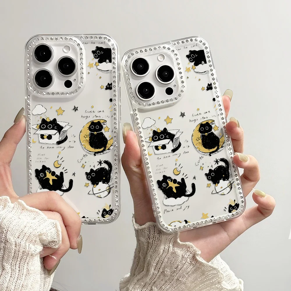 Luxus Cartoon Katze Glitter Diamant Telefon Fall Für iPhone 16 Pro 14 13 15 17 12 14 Air stoßfest Funda Abdeckung Kunststoff Transparent