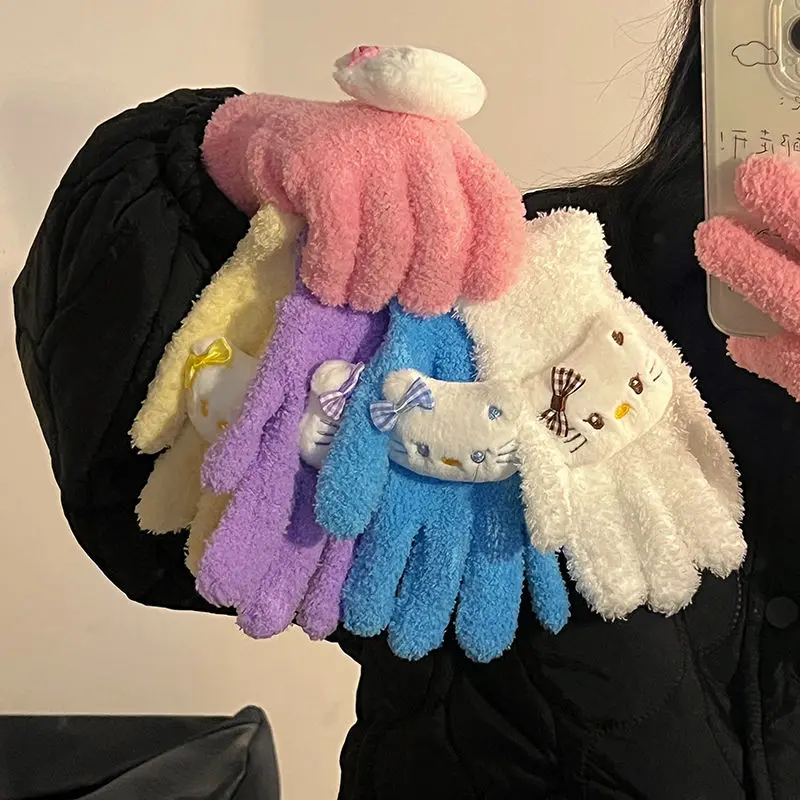 Hello Kitty Glove MINISO Anime Peripheral Cute Solid Color Cartoon Fashion Versatile Finger Gloves Winter Warm Cold Proof New