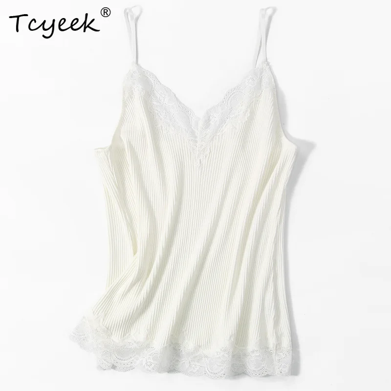 Tcyeek, 30% Natural Silk 70% Cotton Elegant Sling, Women V Neck Lace, Sext Thin Bottom Tank Tops, 2024 Summer Autumn P48572QC
